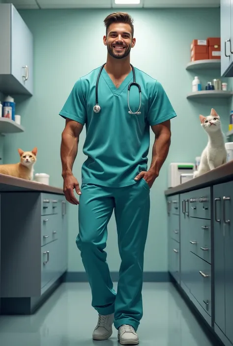 A handsome 2 young man. Athletic and tall. With veterinary outfit. veterinarian, tiene una exprewion anas