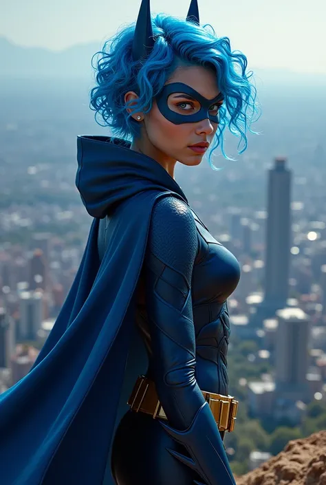 A beautiful youthful looking Hispanic version of a blue haired in a big curls styles as the superhero batwoman wearing a batwoman costume with a hood standing on top of a hill overlooking a big city, short hair, blue hair