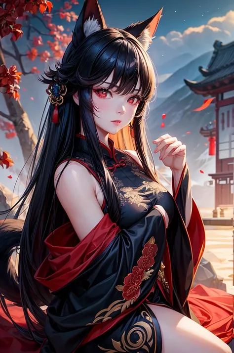 beautiful girl with Chinese styled hair, red eyes, fox ears and a black fox tail, wearing a extravagant off shoulder Hanfu dress, hyperrealistic, highly detailed, 8k, photorealistic, intricate, cinematic lighting, dramatic lighting, scenic atmosphere, warm...