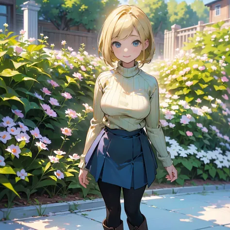 (high quality, High resolution, Very detailed, reality:1.37), Peaceful atmosphere, (Outdoor, garden), Teenage girl standing alone, (my breasts are big.), Beautiful details, Cute Smile, (Blonde Bob Hair), Ribbed sweater, Blue Skirt, Black tights, Brown boot...