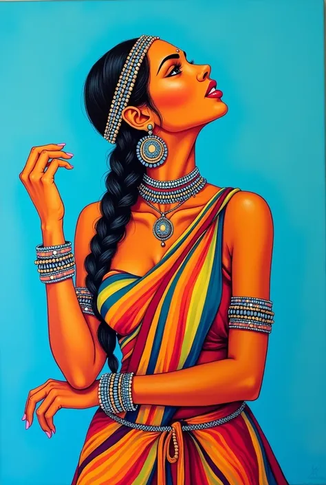 Portrait of a vibrant Indian tribal woman with medium breasts in traditional attire. Colorful painting in a poster color and acrylic colors on a white chart with bold outlines. The woman has dark hair in a braid, adorned with a beaded headband. She wears l...