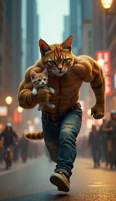 Create a photorealistic image of a six pack father cat wearing jeans outfit is sprinting down a busy street, holding the small kitten in his arms. Surrounding him are tall city buildings, streetlights, The father’s face is filled with determination and wor...