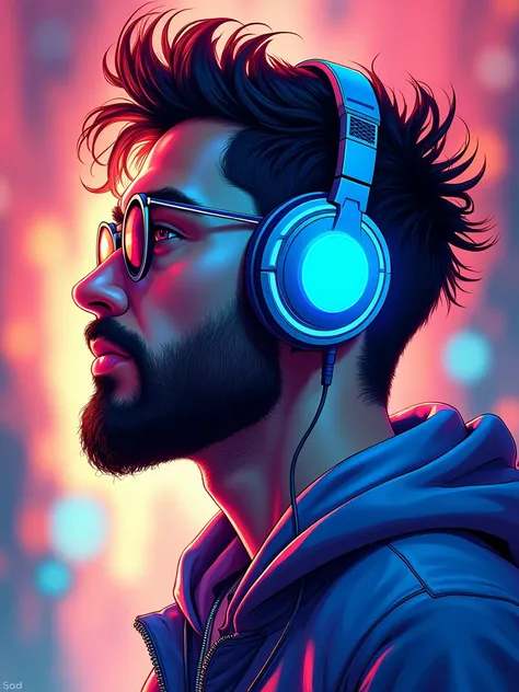 a captivating and colorful illustration, a male character, solo, adorned with vibrant blue headphones, exuding an aura of creativity and modernity, dynamic art style with bold outlines, rich blend of vibrant colors, glossy and detailed blue headphones, int...