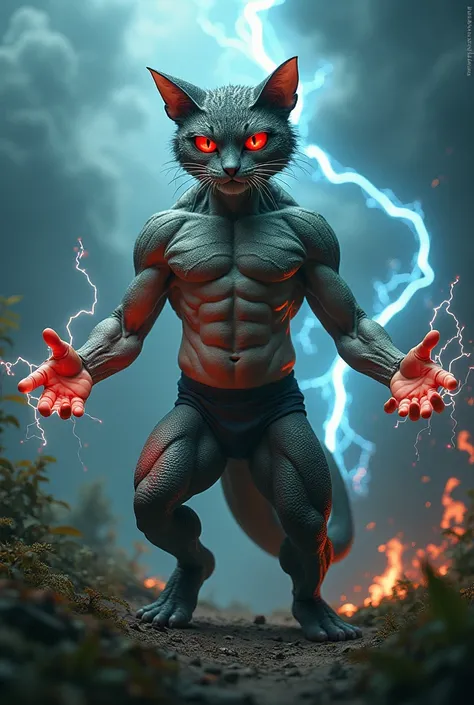 ai cat and lizzard fusion. fit body and muscle man. With in the nature, have a storm power with her background, from her hand, and the eye is red.