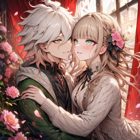 Ultra detailed, highres, absurdres, HDR, master piece, Aida, ash blonde hair with bangs, medium length hair, expressive light green eyes, Danganronpa, black ribbon at the side of her hair, white cardigan with black patterns, Komaeda Nagito, white hair, exp...