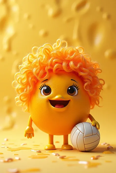 A fruit that is half an orange that has curly hair that has Caesar juice as a title in the image for an icon with a volleyball 
