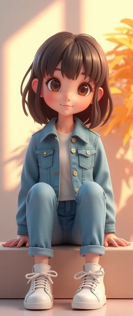 Create a 3D illustration of a casually sitting anime character for  social media logo. The character should be a girl wearing casual trendy clothes like a denim jacket and sneakers. Background image on social media profile page with username "AlL Lovely of...