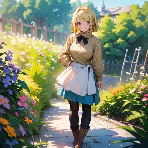 (high quality, High resolution, Very detailed, reality:1.37), Peaceful atmosphere, (Outdoor, garden), Teenage girl standing alone, (my breasts are big.), Beautiful details, Cute Smile, (Blonde Bob Hair), Ribbed sweater, Blue Skirt, Black tights, Brown boot...