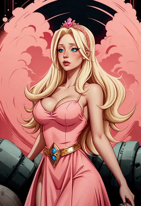 A blonde woman, long pink dress, princesa peach, In an apocalyptic scenario, ((high qualiy))