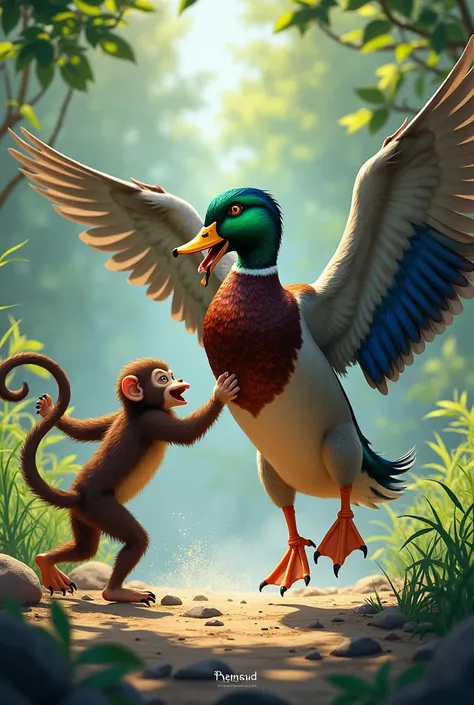 A mallard duck beating up a monkey 