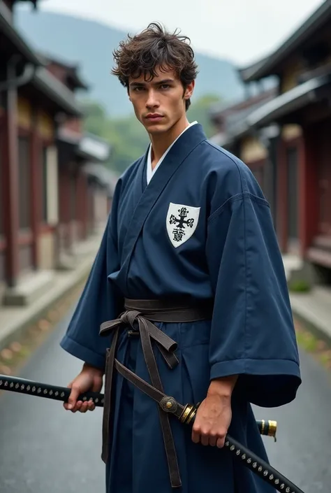 A young adult European man, around 2, short curly haired no beard on a road in japan feldal, wearing a navy blue kimono with a white S in a shield symbol on the left chest of the garment, carrying Samurai swords, with a brave expression, but nice.