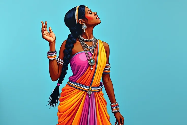 Portrait of a vibrant Indian tribal woman with medium breasts in traditional attire. Colorful painting in a poster color and acrylic colors on a white chart with bold outlines. The woman has dark hair in a braid, adorned with a beaded headband. She wears l...