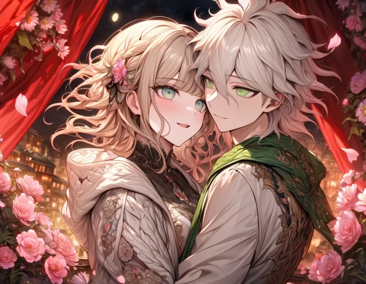 Ultra detailed, highres, absurdres, HDR, master piece, Aida, ash blonde hair with bangs, medium length hair, expressive light green eyes, Danganronpa, black ribbon at the side of her hair, white cardigan with black patterns, Komaeda Nagito, white hair, exp...