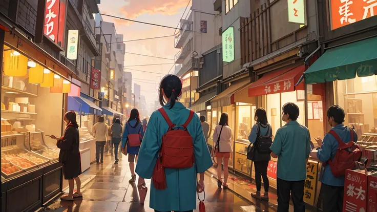 Japanese street, colorful, carteleria, business, crowded, dirty, messy, very detailed, dreamlike atmosphere, clouds, fish and birds