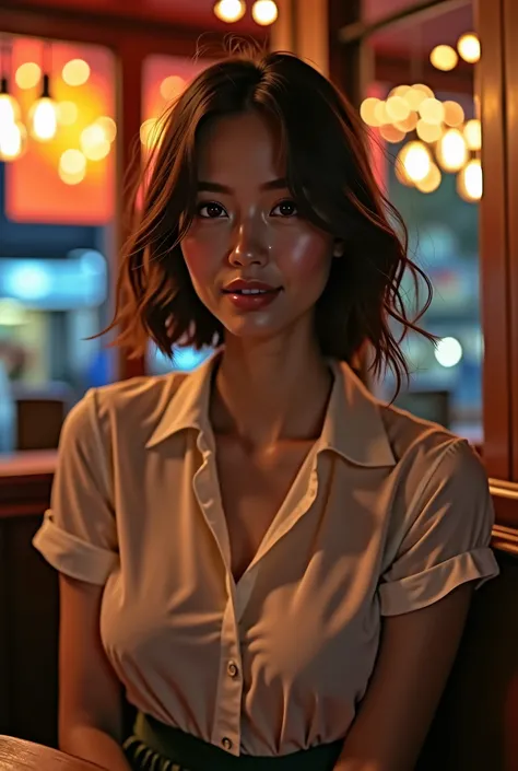 (8 k, Raw image, Best quality, Masterpiece:1.2), (real, photo-real:1.37), Very detailed,
1 girl,cute, Single,Beautiful detailed sky,Detail Cafe,a night,He sits,Dating,(Nosebleed),(He smiles:1.1),(Closed mouth),Big breasts, seductive He smiles, big apartmen...