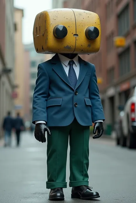 A humanoid being with the main characteristic of having its head replaced by a garbage truck, he wears a blue suit with a blue tie and green pants, he wears black leather gloves and black shoes.