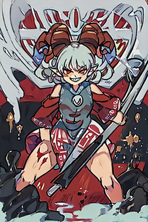 ((yuuma toutetsu)), (curved red horns, pointed ears), full body view, holding a shovel, ((oil splattering)), very detailed face, ((evil smile)), thick thighs,