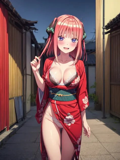 best quality, insanely detailed, nino nakano, breasts, blush, looking at viewer, cheerful eyes, arousal, kimono, highleg kimono, tight kimono, pussy, roof top background, lingerie