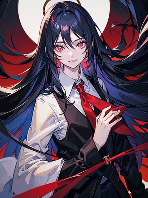 Anime boy, crimson eyes, detailed eyes, long eyelashes, dark blue hair; long flowy hair, shoulder-length hair, red sunglasses with black lenses, soft smile, smiling with teeth, black blazer, white collared shirt, black tie, relaxed, gradient background