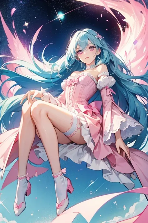 She has long sky blue hair and pink eyes. 

She wears a pink dress, white stockings that she cuts out for her feet. SPARKLE; GLITTER