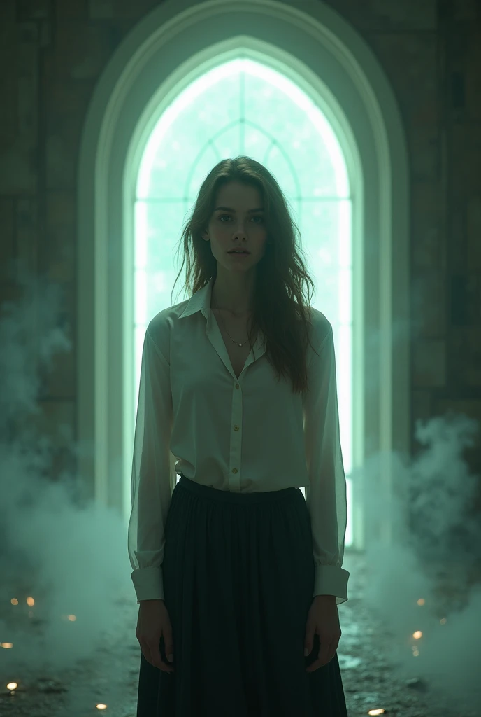 Eleanor standing in front of a luminous door, hesitant, with an expression of inner conflict.