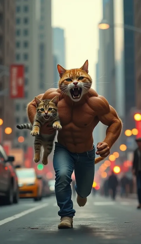 Create a photorealistic image of a six pack father cat wearing jeans outfit is sprinting down a busy street and screaming with worrying and sad expressions , holding the small kitten in his arms with worrying expression. Surrounding him are tall city build...