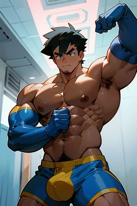 Ash Ketchum from Pokémon anime as a big dumb teenage muscular bodybuilder jock in a locker room flexing and staring blankly with mouth gaping open as his eyes glow under hypnosis as he repeats, "Big ... dumb ... big ... dumb... All I become, just big and d...