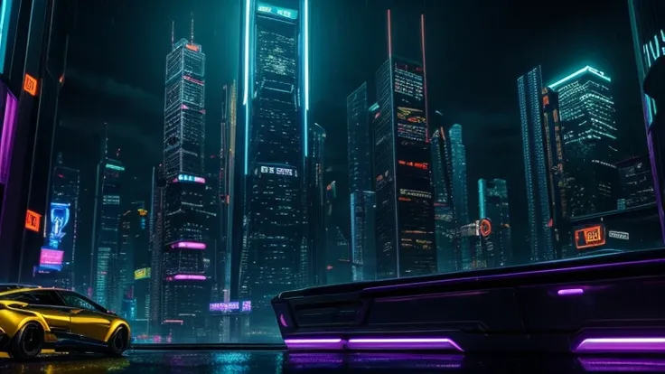 a futuristic cyberpunk cityscape, skyscrapers, neon lights, floating cars, holographic displays, android figures, rainy atmosphere, dramatic lighting, cinematic composition, intricate details, vibrant colors, moody tones, photorealistic, 8k, masterpiece