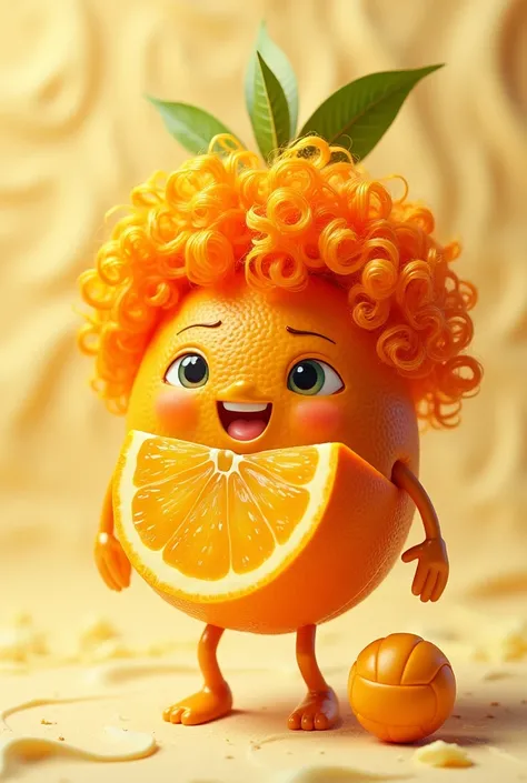 A fruit that is half an orange that has curly hair that has Caesar juice as a title in the image for an icon with a volleyball 
