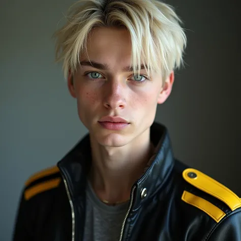 photograph head shot of an attractive teenager 22 year-old male model, very short layered platinum blond hair with side swept bangs, skinny svelte physique, inquisitive smirk expression, almond shaped eyes, extremely pale skin tone, 16k, extremely detailed...