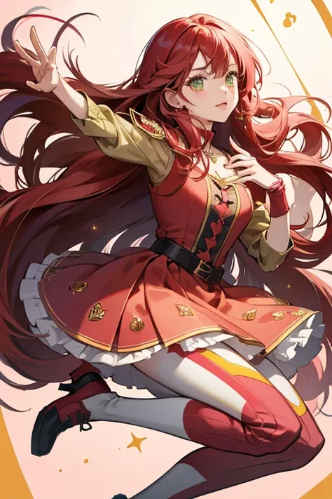 She has red long hair in coming out in two wisps on both sides, olive green eyes with a red dress with pink and yellow layers. Her shoes and leggings as well as her wrist guards are red. Her dress also has a heart pendant. SPARKLE; GLITTER