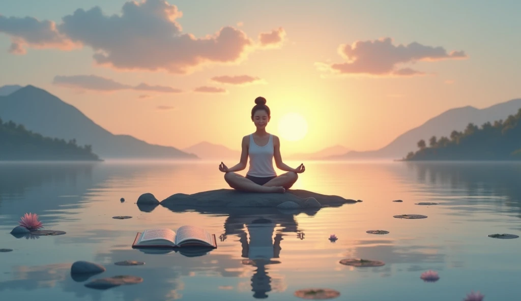 An Asian person sitting in meditation on a small island in the middle of a calm lake, with the sun rising on the horizon. A book of Asian legends lies open beside her., reflecting the calm of the water.