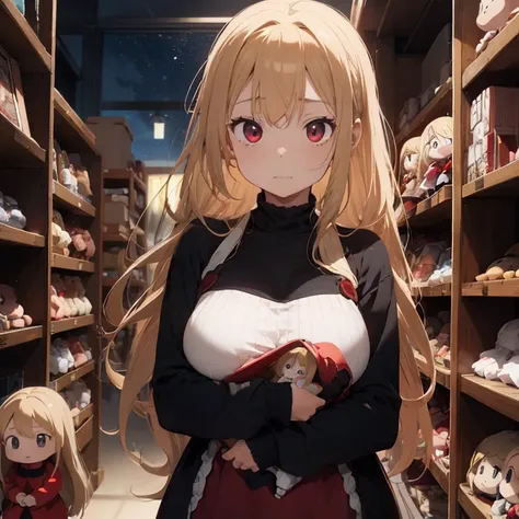 1 female, teenage girl, red long sleeve dress, blonde long hair, rosa cheeks, doll store, playing a dolls, sad face, huge breast, lonely, in darkest sky, black, tear in her face, fear