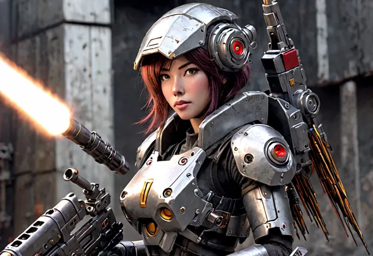 A female themed warbot, cute woman, mechanical face, back lit eyes, spike helmet hair, rugged design obvious metal slabs and big bolts, large weapons displayed with her including laser rifle with rocket launcher,  (show her from head to toe, all 3 angles f...