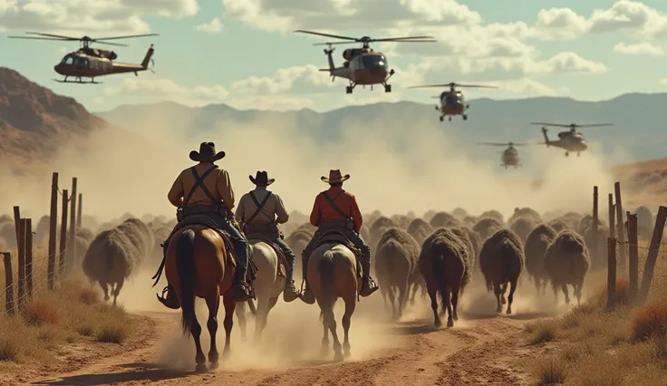 "A stunning scene in a barren Wild West landscape, where a large group of wild boar hunters riding horses and wearing cowboy hats are driving a huge herd of wild boars towards a wooden fence. Black military helicopters fly overhead, helping to drive the an...