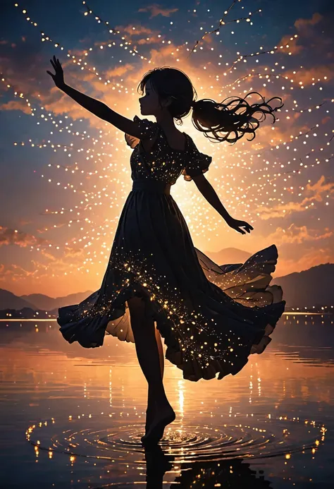 The image depicts a young silhouette standing against a stunning sunset backdrop. The sky transforms from deep black near the horizon to a deep white as it rises. The figure appears to be surrounded by a series of tiny glowing fairy lights, some of which a...