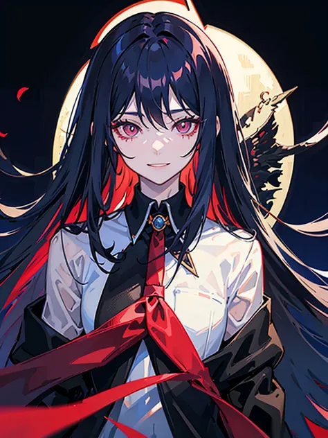 Anime boy, crimson eyes, detailed eyes, long eyelashes, dark blue hair; long flowy hair, shoulder-length hair, red sunglasses with black lenses, soft smile, smiling with teeth, black blazer, white collared shirt, black tie, relaxed, gradient background