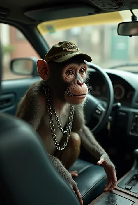 A hallucinating monkey with a cap and chains in an old, black Civic style 