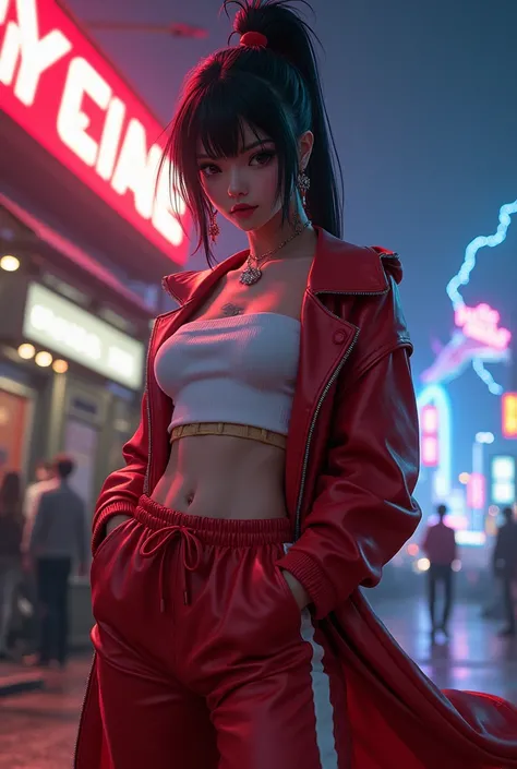 night、port、Android 18 from Dragon Ball、White tube top t-shirt、Showing underboob、Red leather long coat、Red drawstring sweatpants、embroidery、Bakusozoku、Yankee、Belly button、Showing underboob、Get angry、lightning、dragon、bike、illumination、Showing underboob、See-t...