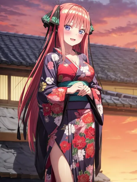 best quality, insanely detailed, nino nakano, breasts, blush, looking at viewer, cheerful eyes, arousal, kimono, highleg kimono, tight kimono, roof top background