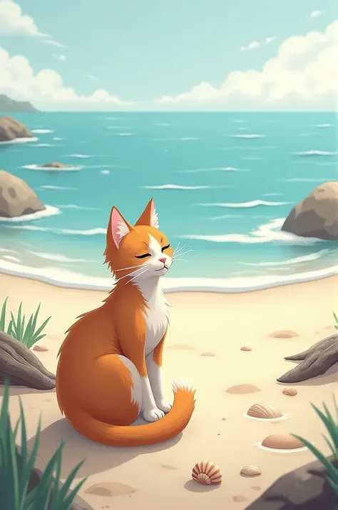 a cat sitting on the seashore 