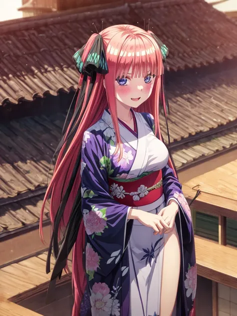 best quality, insanely detailed, nino nakano, breasts, blush, looking at viewer, cheerful eyes, arousal, kimono, highleg kimono, tight kimono, roof top background