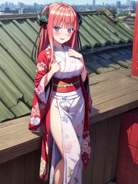 best quality, insanely detailed, nino nakano, breasts, blush, looking at viewer, cheerful eyes, arousal, kimono, highleg kimono, tight kimono, roof top background