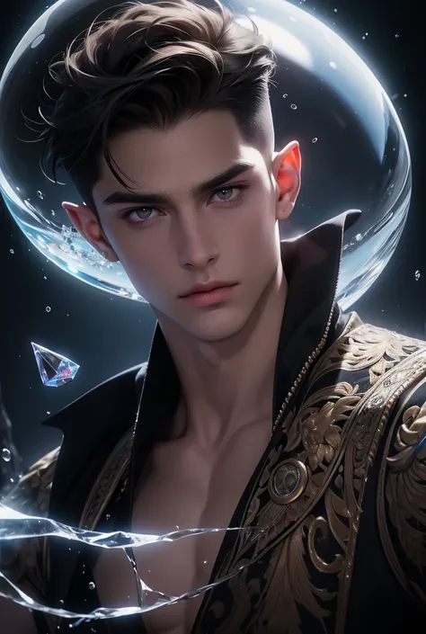 Absurdres, Masterpiece, Excellent, a tall handsome muscular young man, solo, perfect facial features, (short hairstyle:1.5), sexy gaze, beautiful, gorgeous, wet, digital painting, (wizard), slimming, elf, gray pupils, (floating crystal ball), wizard outfit...