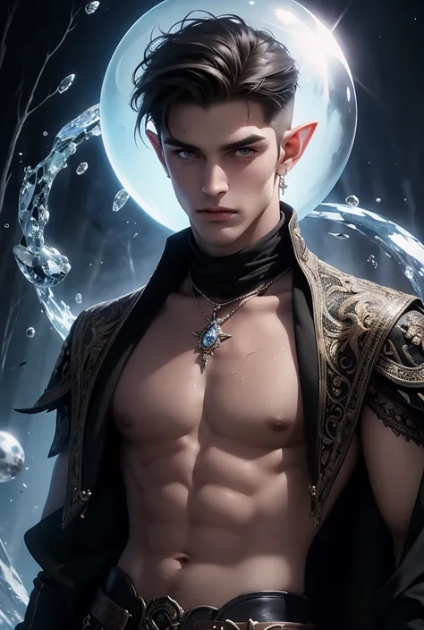 Absurdres, Masterpiece, Excellent, a tall handsome muscular young man, solo, perfect facial features, (short hairstyle:1.5), sexy gaze, beautiful, gorgeous, wet, digital painting, (wizard), slimming, elf, gray pupils, (floating crystal ball), wizard outfit...