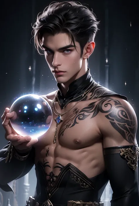 Absurdres, Masterpiece, Excellent, a tall handsome muscular young man, solo, perfect facial features, (short hairstyle:1.5), sexy gaze, beautiful, gorgeous, wet, digital painting, (wizard), slimming, elf, gray pupils, (floating crystal ball), wizard outfit...