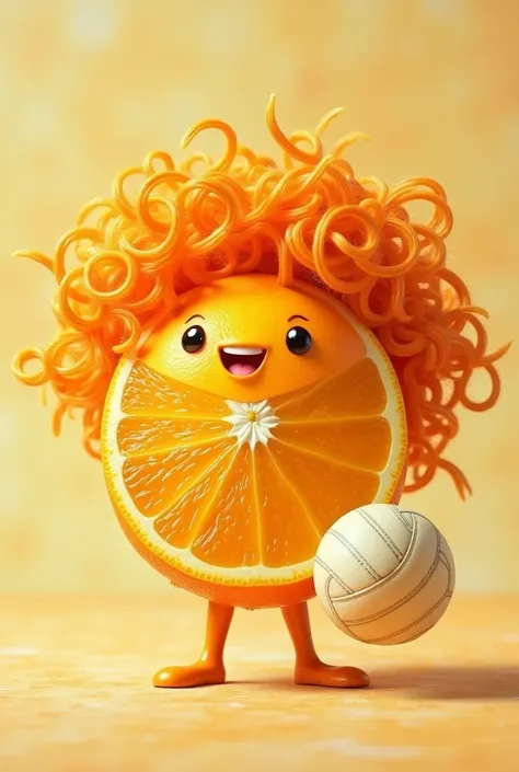 A fruit that is half an orange that has curly hair that has Caesar juice as a title in the image for an icon with a volleyball 
