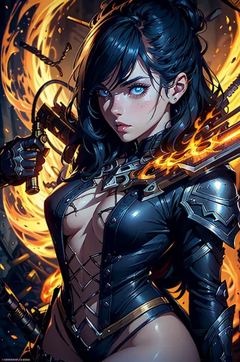 A  girl, holding a slightly oversized laminated flamethrower, detailed portrait, beautiful detailed eyes, beautiful detailed lips, extremely detailed face and skin, long eyelashes, detailed clothing, detailed weapon, cinematic lighting, epic fantasy, highl...