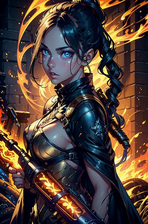 A  girl, holding a slightly oversized laminated flamethrower, detailed portrait, beautiful detailed eyes, beautiful detailed lips, extremely detailed face and skin, long eyelashes, detailed clothing, detailed weapon, cinematic lighting, epic fantasy, highl...