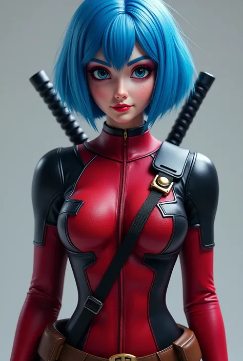 girl deadpool, short hair, blue hair, long bob hair, big breasts, slender body shape, Dynamic Frame, 8K, best quality, masterpiece, photorealistic, high resolution, solo, 1 girl, realistic and detailed skin, realistic, 